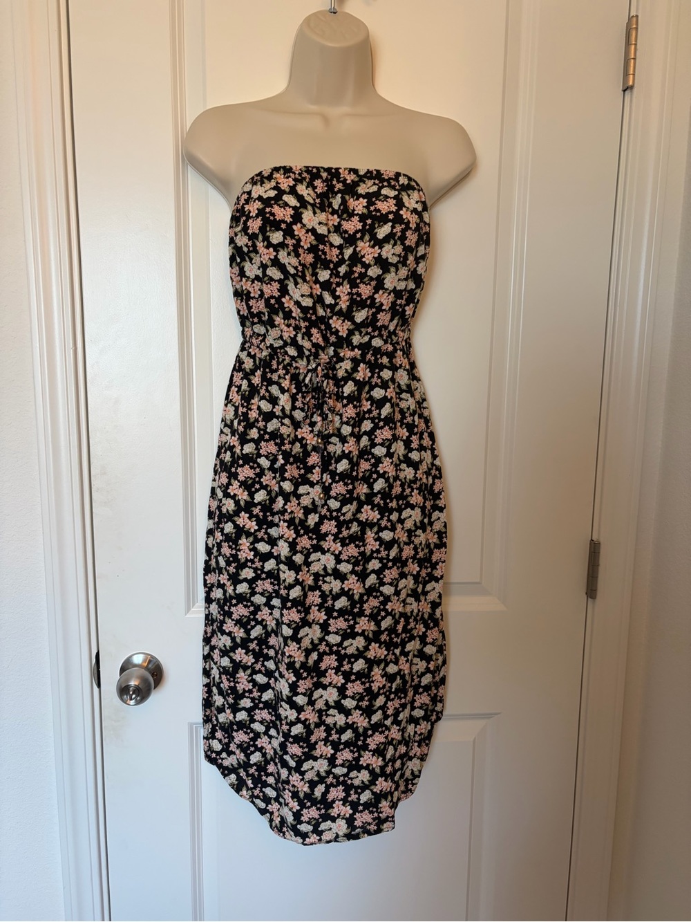 Cotton On Black Strapless Floral Midi Dress with Pink and Cream Flowers